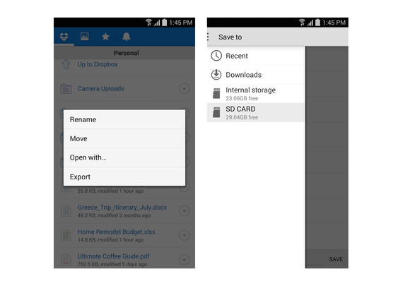 dropbox android save to sd card